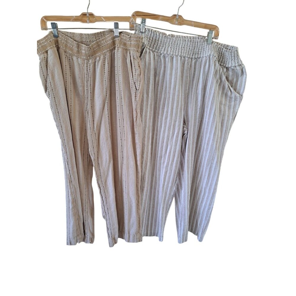 Lot of 2 Linen Blend XXl Striped Beige Elastic Waist Pants Women's Summer - Picture 1 of 15